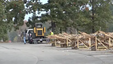 Trees surrounding construction area with workers