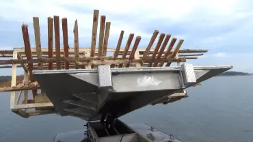 Wooden beams on a metal boat