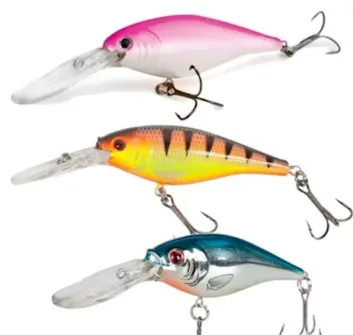 Three colorful diving fishing lures with treble hooks