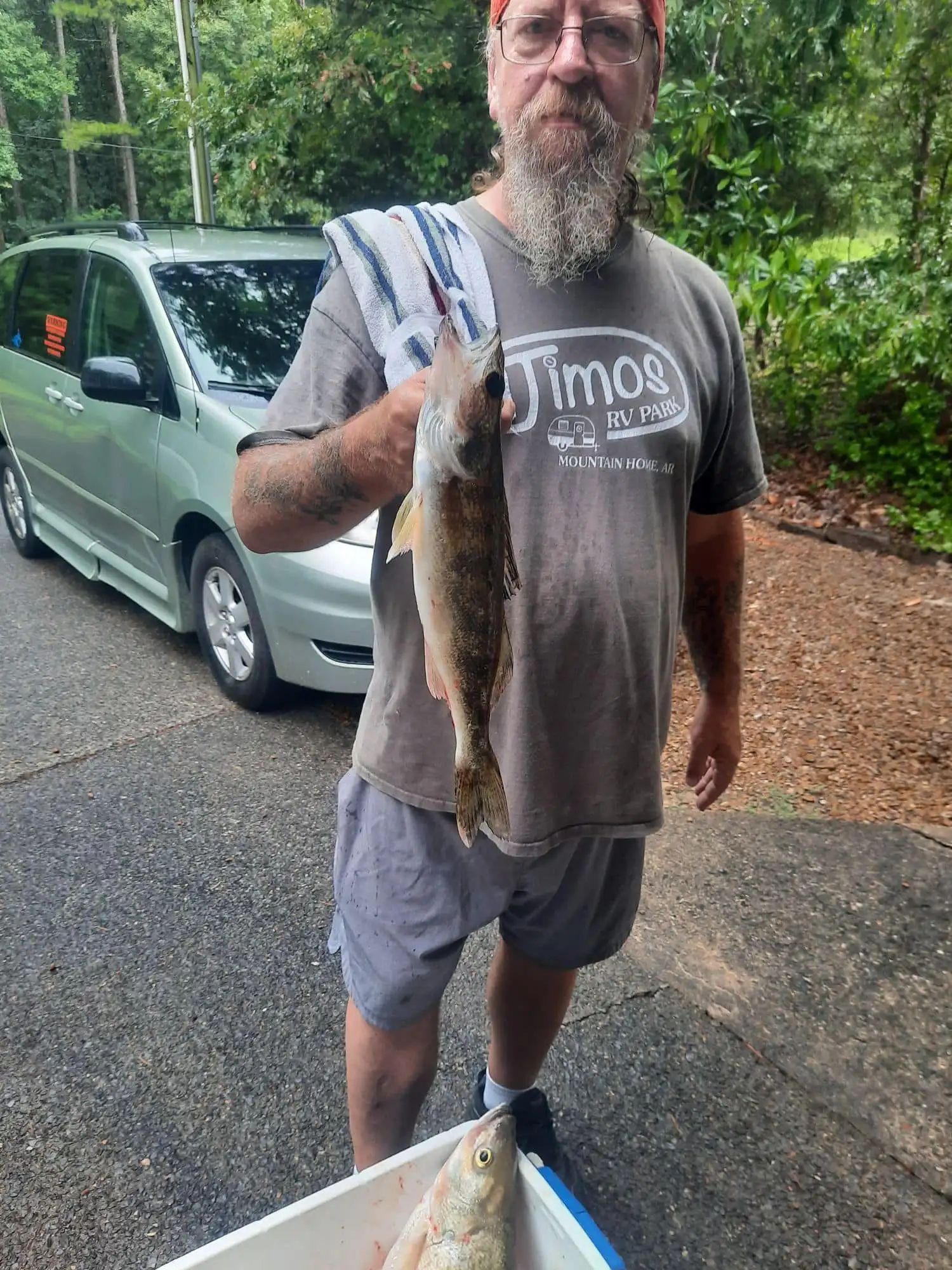 Person with fish near a car