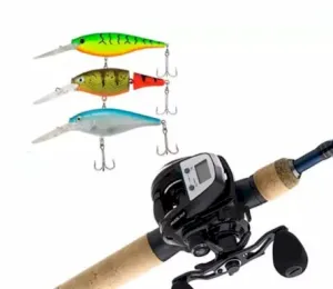 Fishing rod and reel with three crankbaits